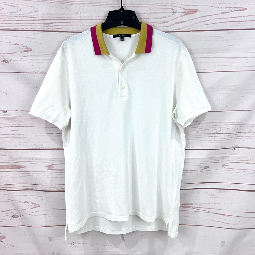 Gucci Cotton Piquet Striped Collar Short Sleeve Embroidered White Polo Shirt